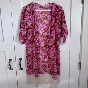 NWT LuLaRoe Monroe Women's Size Small Red Pink Floral Cover Up Kimono Pool New